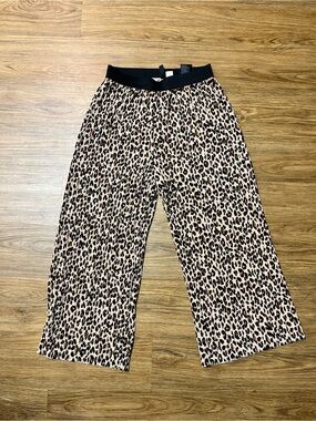 Leopard Print Pleated Wide Leg Capri Culottes Black Elastic Waist Pants